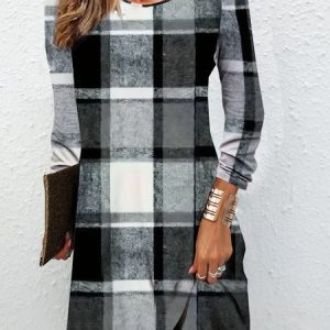 Plaid printed round neck casual dress, Dresses, Lilicloth.com