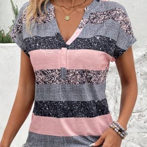 Women's Short Sleeve Tee T-shirt Summer Striped V Neck Casual Top, JustFashionNow T-Shirts, color:Pink|size:XXL,