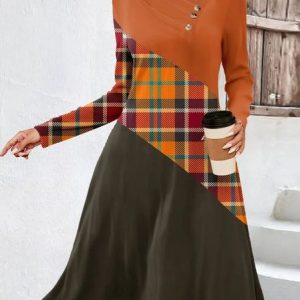 Women Color Block Long Sleeve Comfy Casual Lace Midi Dress, Dresses, color:Orange|size:XXL, catalog Noracora shop