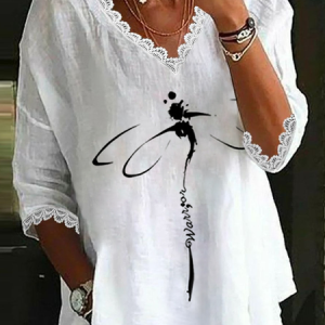 V Neck Three Quarter Sleeve Dragonfly Lace Regular Loose Blouse For Women, Blouses, color:White|size:XXL, catalog Noracora shop