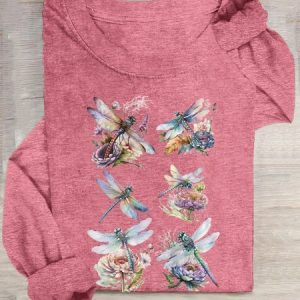 Casual Floral Crew Neck Long Sleeve T-shirt, T-shirts, color:Pink|size:3XL, catalog Noracora shop