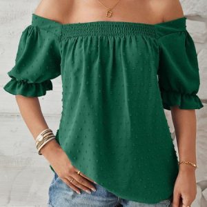 Square Neck Short Sleeve Plain Regular Loose Shirt For Women, Blouses, color:Dark Green|size:XXL, catalog Noracora shop