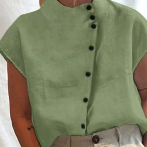 Women's Cotton Linen Stand Collar Casual Shirt, Blouses, color:Green|size:XXL, catalog Noracora shop