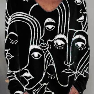Casual Face V Neck Long Sleeve T-shirt, T-shirts, color:Black|size:3XL, catalog Noracora shop