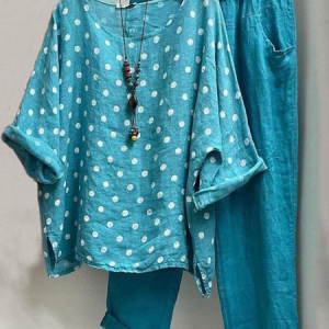 Women Polka Dots Two-Piece Set Daily Half Sleeve Casual Summer Top With Pants Matching Set, JustFashionNow Suit Set, color:Blue|size:5XL,