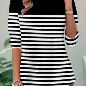 Casual Striped Crew Neck Long Sleeve T-shirt, Blouses, color:Black-white|size:XXL, catalog Noracora shop