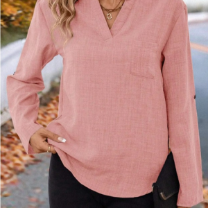 Notched Long Sleeve Plain Lace Regular Regular Fit Blouse For Women, Blouses, color:Pink|size:3XL, catalog Noracora shop