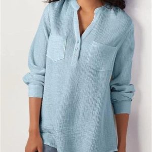 V Neck Long Sleeve Plain Regular Loose Blouse For Women, Blouses, color:Sky Blue|size:3XL, catalog Noracora shop