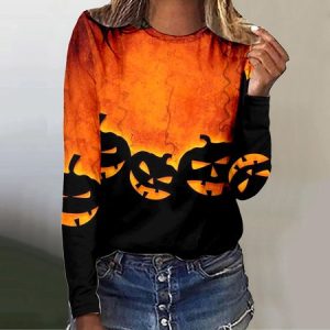 Women's Long Sleeve Tee T-shirt Spring/Fall Halloween Jersey Crew Neck Daily Going Out Casual Top, JustFashionNow Long sleeve tops, color:Orange Red|size:5XL,