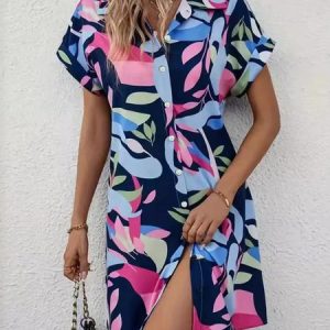 Women Floral Shirt Collar Short Sleeve Comfy Casual Short Dress, Dresses, color:Blue|size:3XL, catalog Noracora shop