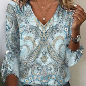 Casual Paisley V Neck Three Quarter Sleeve T-shirt, T-shirts, color:Green|size:XXL, catalog Noracora shop