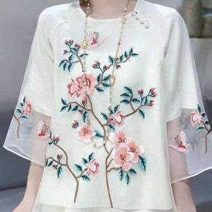 Crew Neck Half Sleeve Plain Embroidery Regular Loose Blouse For Women, Blouses, color:White|size:3XL, catalog Noracora shop