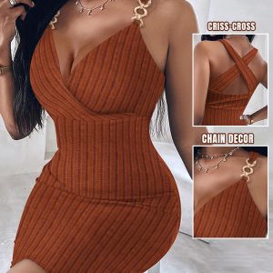 Chain Decor Criss Cross Ribbed Bodycon Dress, Bodycon Dresses, ChicMe catalog