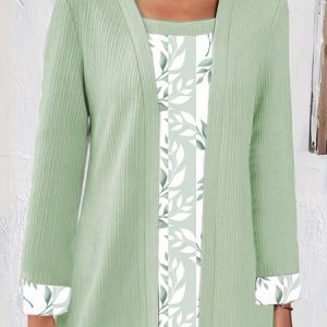 Crew Neck Long Sleeve Floral Regular Micro-Elasticity Regular Fit Mock Two-Piece Blouse For Women, Blouses, color:Green|size:XXL, catalog Noracora shop