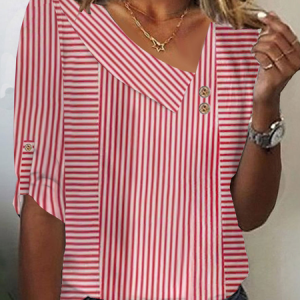 Casual Striped Asymmetrical Three Quarter Sleeve T-shirt, T-shirts, color:Red|size:XXL, catalog Noracora shop