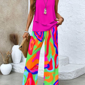 Women Geometric Crew Neck Sleeveless Comfy Casual Top With Pants Two-Piece Set, Sets, color:Rose Red|size:XXL, catalog Noracora shop