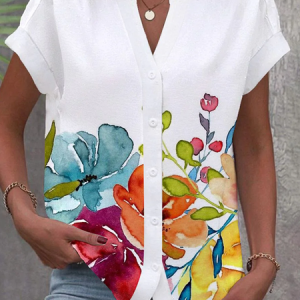 Notched Short Sleeve Floral Regular Loose Blouse For Women, Shirts, color:White|size:XXL, catalog Noracora shop
