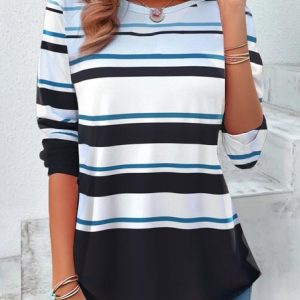 Vintage Striped Crew Neck Long Sleeve T-shirt, Blouses, color:Blue|size:XXL, catalog Noracora shop
