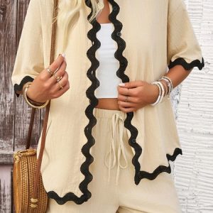 Women Plain Short Sleeve Comfy Casual Top With Pants Two-Piece Set, Sets, color:Apricot|size:XL, catalog Noracora shop
