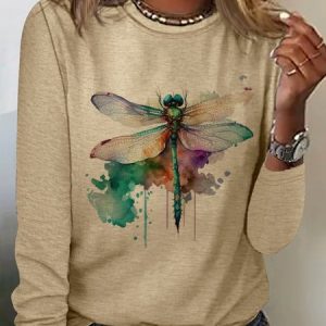 Dragonfly Casual Cotton-Blend Crew Neck T-Shirt, Long sleeves, Lilicloth.com
