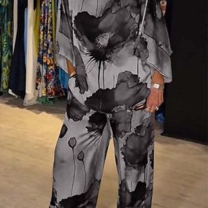 Women's Floral Daily Going Out Two Piece Set Long Sleeve Casual Spring/Fall Top With Pants Matching Set, JustFashionNow Suit Set, color:Gray|size:5XL,