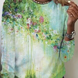 Casual Floral Crew Neck Long Sleeve T-shirt, T-shirts, color:Green|size:XXL, catalog Noracora shop