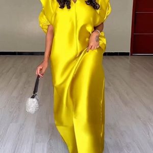 Loose V Neck Elegant Plain Long Dress, Maxi Dresses, color:Yellow|size:XXL, Stylewe