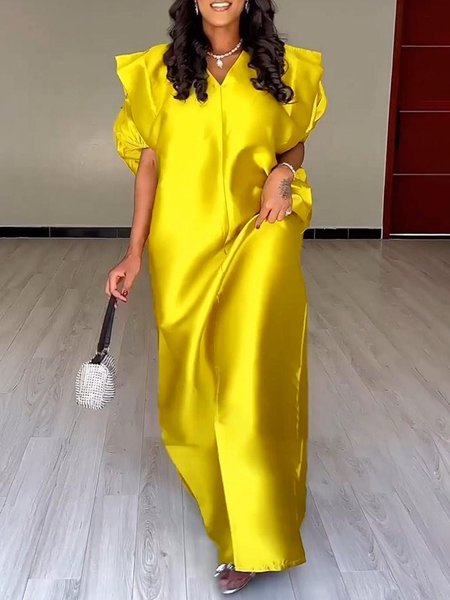 Loose V Neck Elegant Plain Long Dress, Maxi Dresses, color:Yellow|size:XXL, Stylewe
