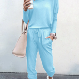 Women's Jersey Plain Daily Going Out Two Piece Set Long Sleeve Casual Spring/Fall Top With Pants Matching Set, JustFashionNow Suit Set, color:Sky Blue|size:XXL,