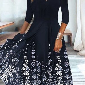 Women Floral V Neck Three Quarter Sleeve Comfy Casual Midi Dress, Dresses, color:Deep Blue|size:4XL, catalog Noracora shop