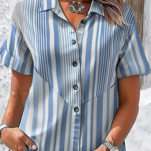 Shirt Collar Short Sleeve Striped Regular Loose Blouse For Women, Blouses, color:Blue|size:XXL, catalog Noracora shop