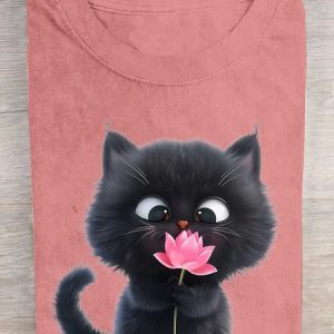 Crew Neck Cat Cotton Casual T-Shirt, T-shirts, Lilicloth.com