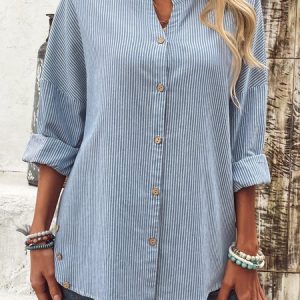 Shirt Collar Long Sleeve Striped Regular Loose Blouse For Women, Blouses, color:Blue|size:XXL, catalog Noracora shop