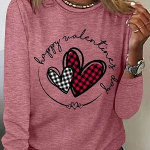 Casual Heart/Cordate Crew Neck Long Sleeve T-shirt, T-shirts, color:Pink|size:5XL, catalog Noracora shop