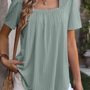 Square Neck Short Sleeve Plain Regular Loose Shirt For Women, Blouses, color:Lightgreen|size:XXL, catalog Noracora shop
