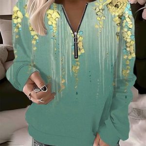 Casual Crew Neck Floral Sweatshirt, Hoodies & Sweatshirts, color:Green|size:XXL, catalog Noracora shop