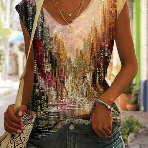 Casual V Neck Landscape Print Loose T-Shirt, JustFashionNow Tanks & Camis, color:Yellow|size:XXL,