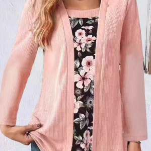 Square Neck Long Sleeve Floral Regular Micro-Elasticity Loose Mock Two-Piece Blouse For Women, Blouses, color:Pink|size:XXL, catalog Noracora shop