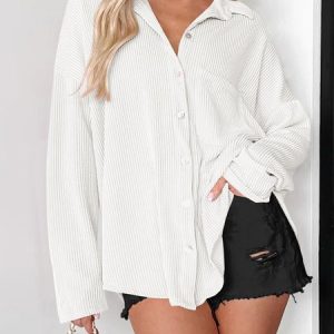 Shirt Collar Long Sleeve Plain Regular Loose Blouse For Women, Shirts, color:White|size:XL, catalog Noracora shop