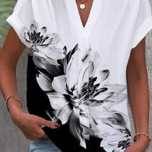 Women's Short Sleeve Shirt Summer Floral Shirt Collar Daily Going Out Casual Top, JustFashionNow Blouses, color:Black-white|size:XXL,