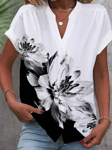 Women's Short Sleeve Shirt Summer Floral Shirt Collar Daily Going Out Casual Top, JustFashionNow Blouses, color:Black-white|size:XXL,