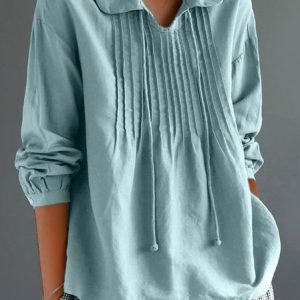 Notched Long Sleeve Floral Regular Loose Blouse For Women, Blouses, color:Sky Blue|size:XXL, catalog Noracora shop