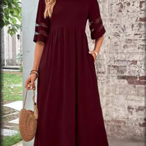 Women Plain Crew Neck Short Sleeve Comfy Casual Maxi Dress, Dresses, color:Wine Red|size:3XL, catalog Noracora shop
