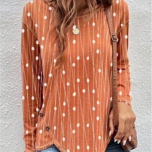 Crew Neck Long Sleeve Geometric Lace Regular Micro-Elasticity Loose Blouse For Women, Blouses, color:Orange|size:3XL, catalog Noracora shop