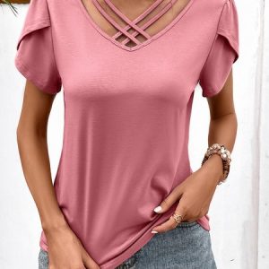 V Neck Short Sleeve Plain Regular Micro-Elasticity Loose Shirt For Women, Blouses, color:Pink|size:XL, catalog Noracora shop