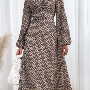 Women Ethnic Crew Neck Long Sleeve Comfy Casual Maxi Dress, Dresses, color:Khaki|size:M, catalog Noracora shop
