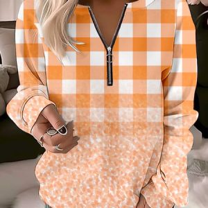 Casual Crew Neck Plaid Sweatshirt Zipper, Hoodies & Sweatshirts, color:Orange|size:XXL, catalog Noracora shop