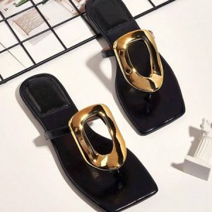 Urban Plain Non-Slip Slip On Low Heel Slide Sandals Metal, Slippers, color:Black|size:43, catalog Noracora shop