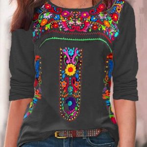 Casual Ethnic Crew Neck Long Sleeve T-shirt, T-shirts, color:Gray|size:3XL, catalog Noracora shop