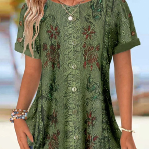 Crew Neck Three Quarter Sleeve Floral Regular Loose Blouse For Women, Blouses, color:Green|size:XXL, catalog Noracora shop